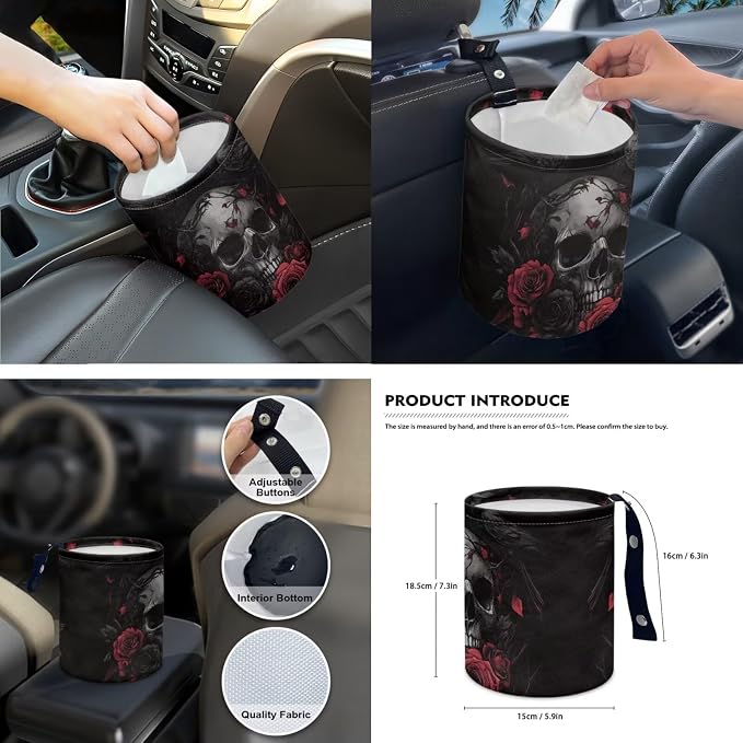 15Pcs Rose Raven Skull Car Seat Cover Full Set for Women with Car Steering Wheel Cover Seat Belt Cover Trash Bin Front Rear View Mirror Car Cup Holder Keychain