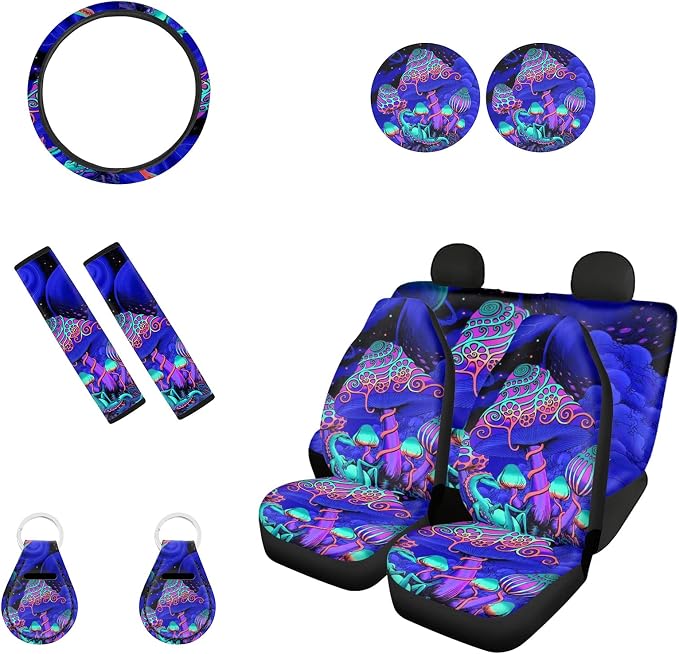 Biyejit Mushroom Print Car Seat Covers and Steering Wheel Cover Full Set with Seat Belt Cover+Keychains+Automotive Cup Holders Universal Fit Car SUV Truck Sedan