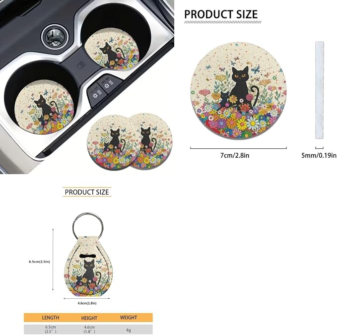 Suobstales Cat Butterfly Daisy Flower Print Car Accessories with Car Front Rear Split Seat Covers, Seat Belt Pads + Steering Wheel Cover + Coaster + Keyrings for Women Set of 11-Pcs