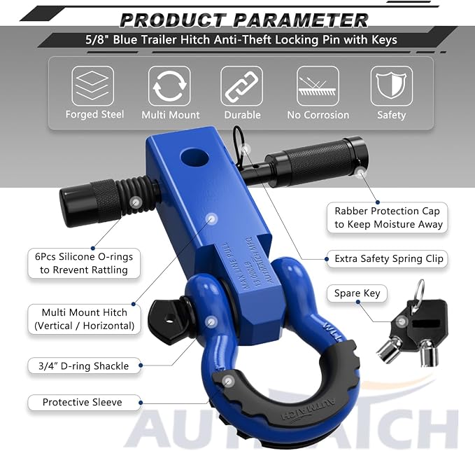 AUTMATCH Kinetic Recovery Tow Rope 7/8" x 30FT with Shackle Hitch Receiver 2 Inch, Heavy Duty Offroad Snatch Strap 35000Lbs for 4x4 Off-Road Vehicle, Truck, Trailer, ATV, UTV, Blue