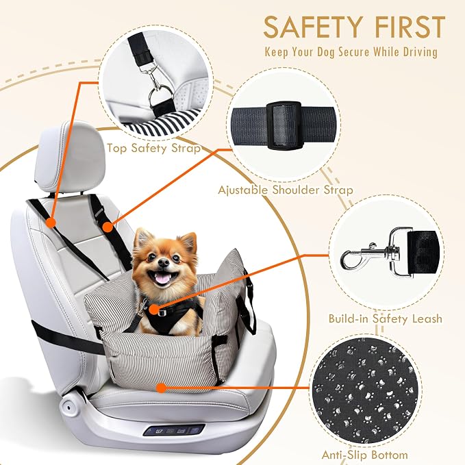 Dog Car Seats for Small Dogs, Puppy Car Seat Under 15 lbs, Small Dog Bed for Travel, Elevated Pet Seat with Safety Belt, Non-Slip Base, and Storage Pockets