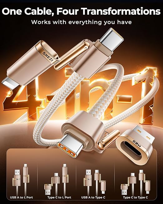 SHEZI 4-in-1 Compatible with USB C to Lightning Cable 60W Fast Charging &Data Transfer, Support to CarPlay & Android Auto,5FT Multi Cords Charger Combo for iPhone/iPad/Samsung/MacBook Cable, Titanium