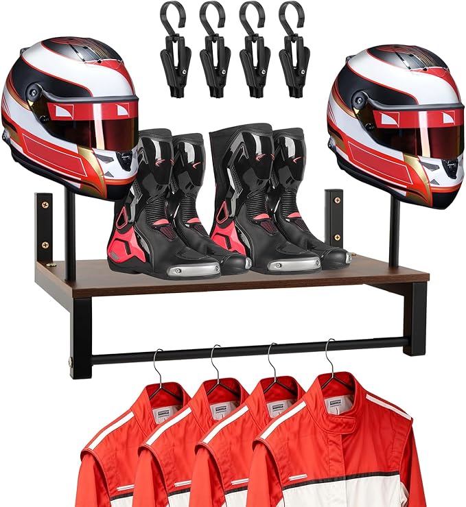 Motorcycle Helmet Holder Wall Mount, 2 Helmet Stands with Gear Rack and 4 Detachable Clips, Wooden and Metal Helmet Organizer for Garage or Entryway, Includes Helmet Storage Bag