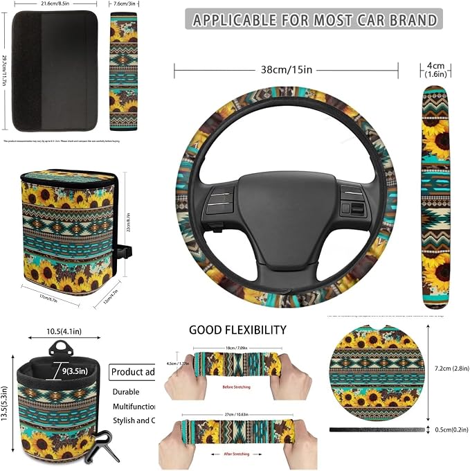 Dreaweet Sunflower Aztec Seat Covers Full Set Green Universal Car Accessories for SUV Trucks Steering Wheel Covers Seatbelt Covers Coaster Trash Can Air Vent Holder Rear View Mirror Cover Keychain