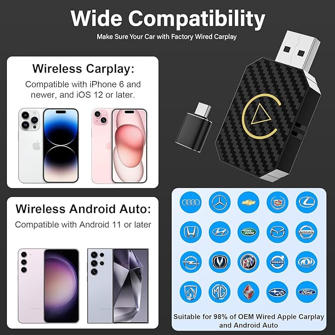 2 in 1 Wireless CarPlay Adapter and Android Auto Wireless Adapter for Convert Wired CarPlay, for Cars 2016+/Apple iOS 10+, No Delay, Plug and Play, with USB-A to USB-C Connectors