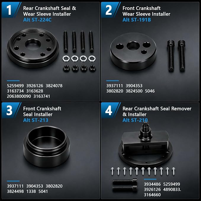 Front+Rear Crankshaft Seal Remover & Installer Kit for Cummins 3.9L 5.9L 6.7L 1989-2016 Replaces 1338 3824498 5046 3824500 3164660 ST-224C 3824078 5395259 2063800090