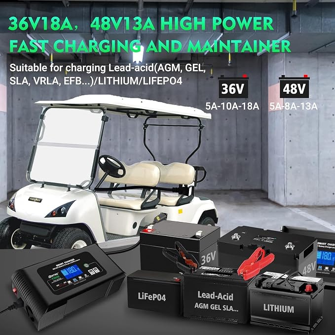 Battery Charger, Smart 0-18A 36V/48V Trickle Charger, Portable Car Battery Charger with 9 Stages of Charging for LiFePO4, Lead-Acid, and Lithium Batteries, with Battery Repair Function