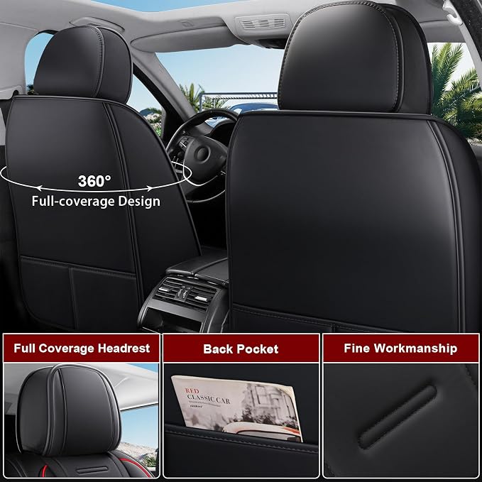 otoez Nappa Leather Car Seat Covers Full Set, Breathable Leather Automotive Seat Covers Front & Rear Seat Protectors with Lumbar Support, Universal Fit for Most 5 Seats Cars SUV Truck Sedan (Black)