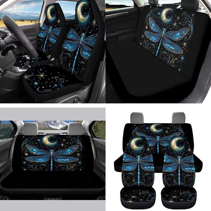 Dragonfly Moon Car Seat Covers Full Set for Women Goth Car Accessories - Steering Wheel Cover Seat Belt Pads Car Coasters Trash Bag Rearview Mirror Cover Keychain