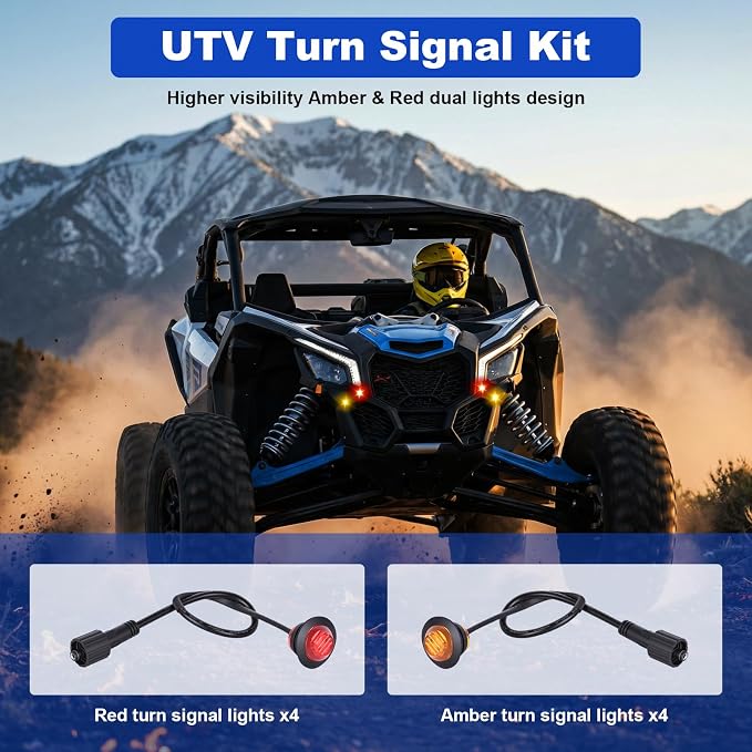 UTV Turn Signal Kit with Lever Column Switch and 8 Round Light,Pre-Wired, Plug and Play with Horn, Compatible with Polaris Ranger, RZR, Can-Am X3