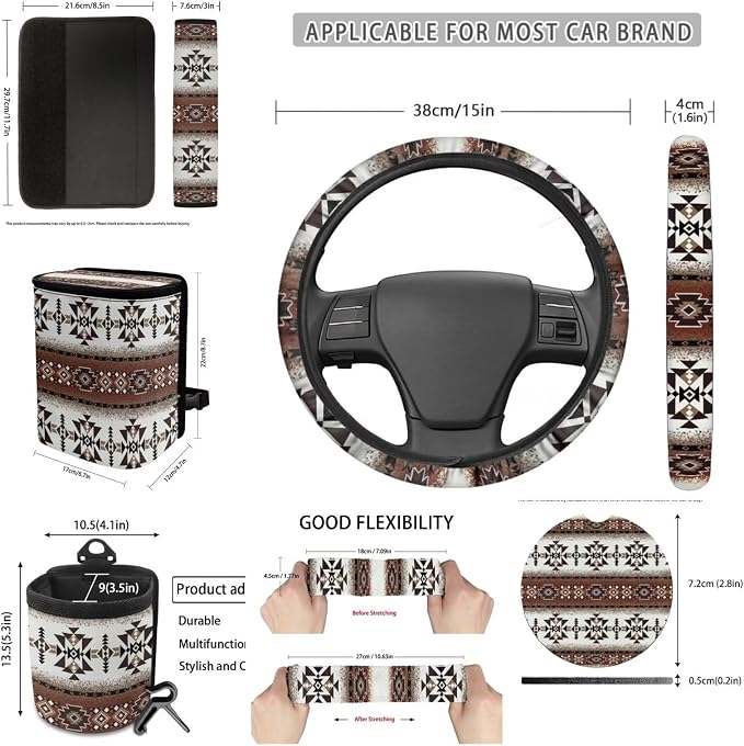 Dreaweet Navajo Car Seat Covers Full Set 15 Pcs Southwestern Native American Geometric Tribal Steering Wheel Cover Seat Belt Pads Coasters Trash Bag Vent Storage Pouch Rearview Mirror Cover Keychain