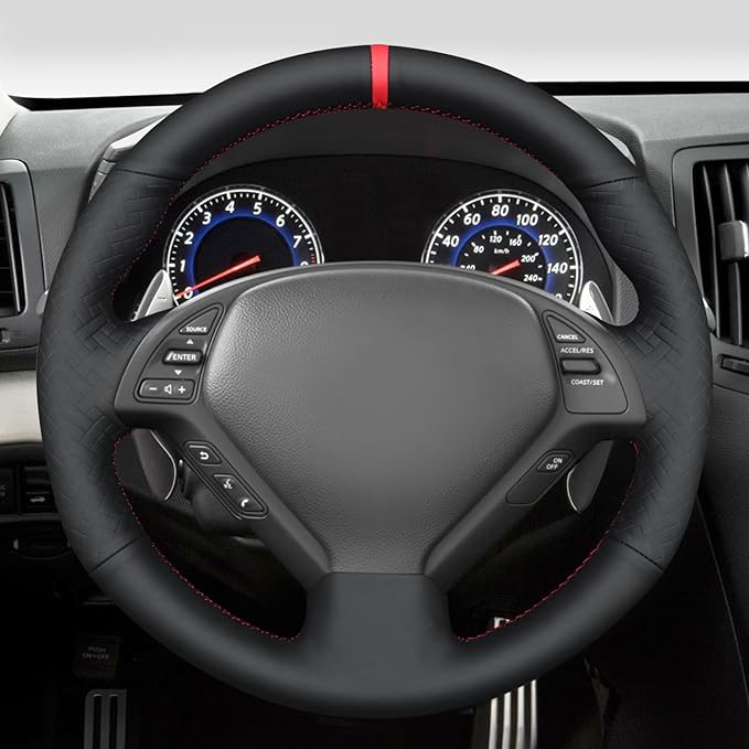 MEWANT Hand Stitch Black Smooth Embossed Faux Leather Steering Wheel Cover for Infiniti G25 G35 G37 EX35 EX37 Q60 QX50