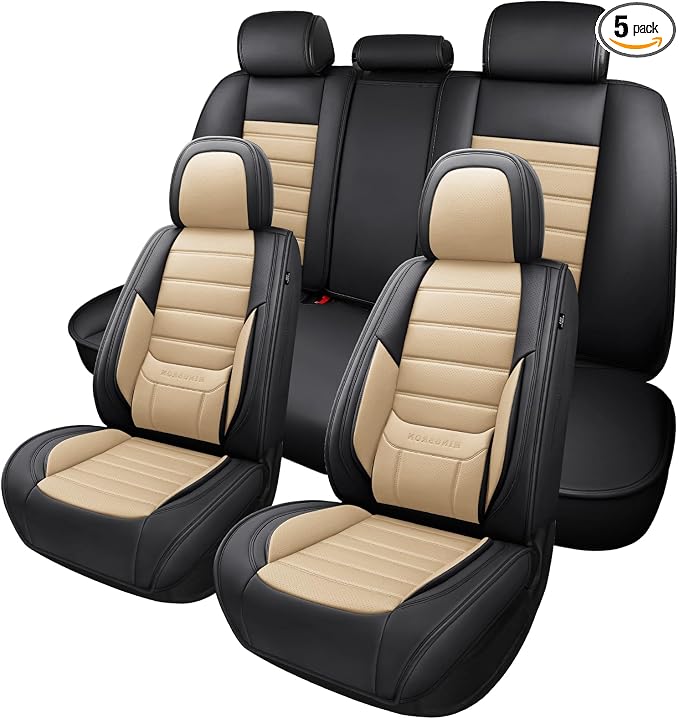 MINGBRON Car Seat Covers Full Set, Brown Car Seat Cover Lumbar Support, Car Seat Protector Waterproof, Nappa Leather Car Seat Cushion, Front Seats and Back Fit for Most Cars Beige