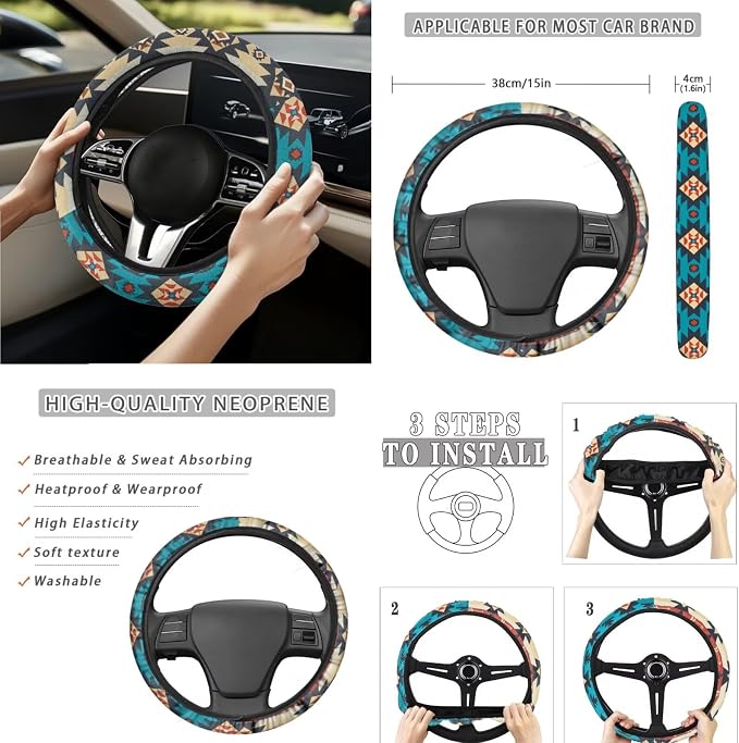 Southwest Aztec Blue Car Seat Covers Set of 15 with Universal Steering Wheel Cover, Rearview Mirror Cover, Car Trash Can, Seatbelt Pads, Cup Holder Coasters, Keychains