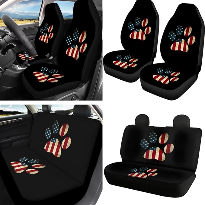 Howilath American Flag Dog Paw Car Seat Cover Full Set 13 Piece with Steering Wheel Covers+Seat Belt Cover Pad+Keychains+Cup Coasters Universal Fit Auto Accessories
