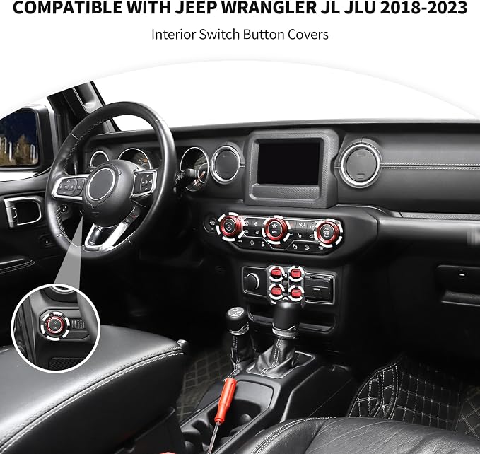 JeCar JL Switch Button Covers Window Control Air Conditioner Headlight Volume Radio Knob Trims Interior Accessories Compatible with Jeep Wrangler JL JLU 2018-2026 & Gladiator JT 2020-2026, Red
