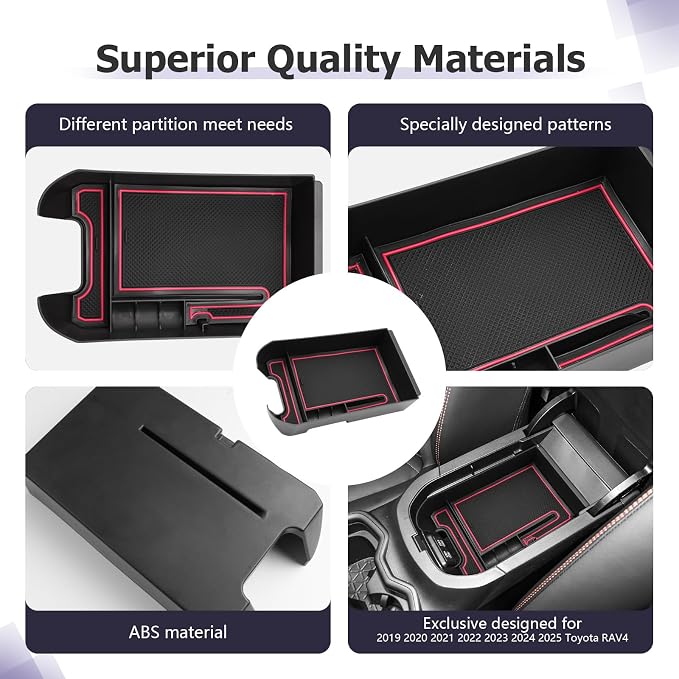 LUWU for 2025 Toyota RAV 4 Accessories Compatible with 2019 2020 2021 2022 2023 2024 2025 Toyota RAV 4 Center Console Organizer Armrest Console Secondary Storage Box Insert Tray ABS Material Red