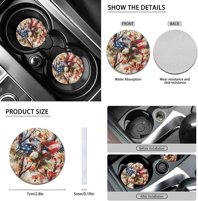 Wanyint Car Seat Covers for Women Men, with Steering Wheel Seat Belt Pads Center Console Handbrake Gear Shift Cover Cup Coaster Holder for 4th of July, Pack of 12, US Flag Eagle Camo Hunting Forest