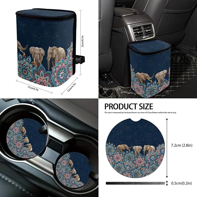 Suobstales Boho Mandala Elephant Print Car Accessories Auto Seat Covers Full Set of 13 with Steering Wheel Cover, Seat Belt Pads, Trash Can, Coaster, Rearview Mirror Cover, Keychains for SUV Van