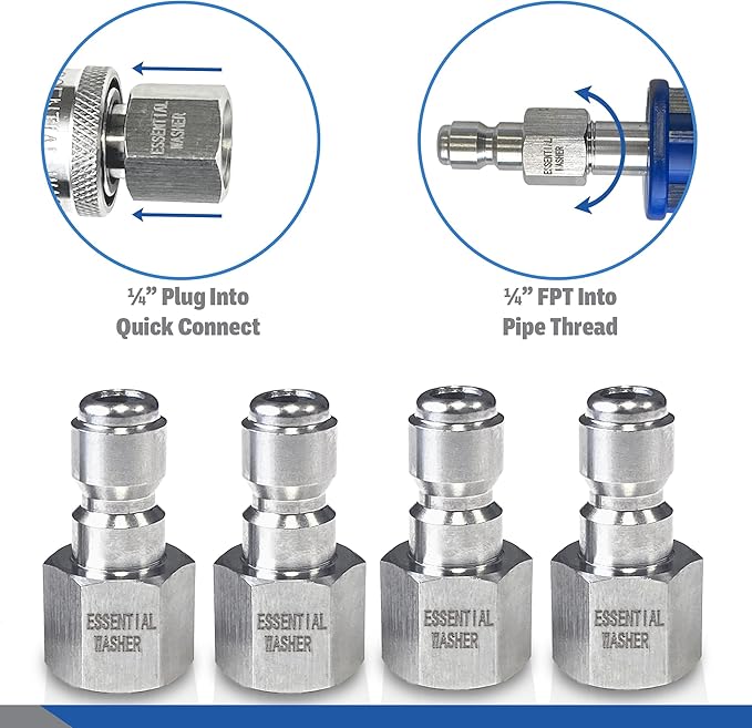 Essential Washer Stainless Steel ¼” Plug Female NPT | Pressure Washer Quick Connect Fittings | 5000 PSI | Set Of 4