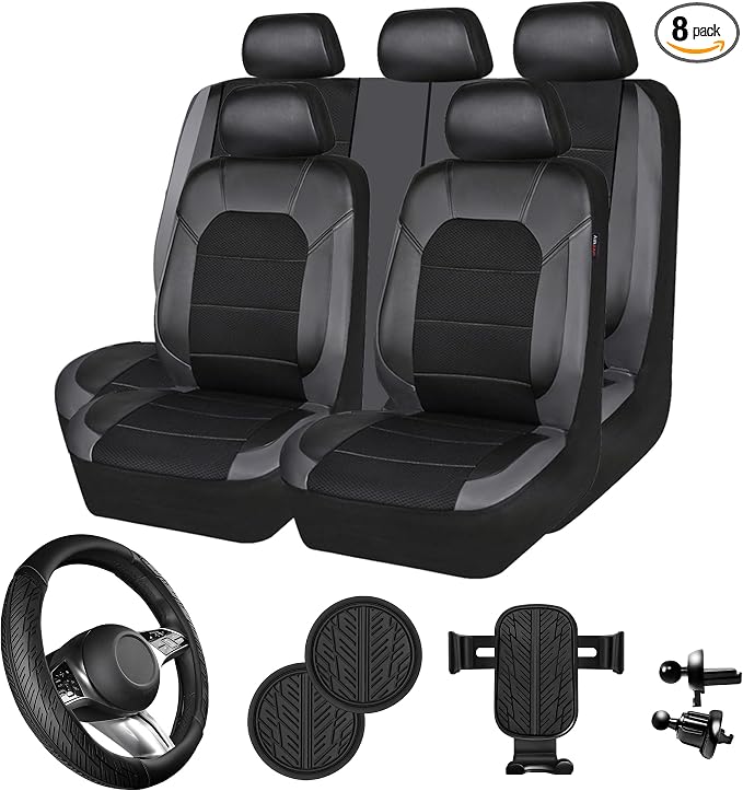 CAR PASS Universal Leather Sport car seat Covers&Leather Rubber Steering Wheel Cover Set,Equipped with Mobile Phone Holder and Non-Slip Cup Mat,Suitable for Steering Wheel 14.5-15” All Black