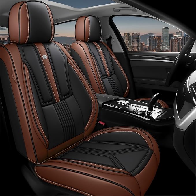 Arazi Fit for 98% of Mazda Seat Covers, 360° Full Wrap Original Seat Cover, Waterproof Nappa Leather Seat Covers with Big Space Storage Pocket Seat Protector（5 Seats Standard, Black&Brown）