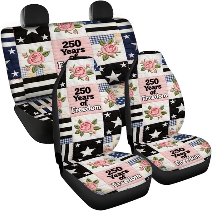 250 Years of Freedom Car Seat Covers Patchwork Rose Print Patriotic Auto Decor with Non-Slip Steering Wheel Cover and Seatbelt Pad Cover, 11 Piece, for 250th Anniversary