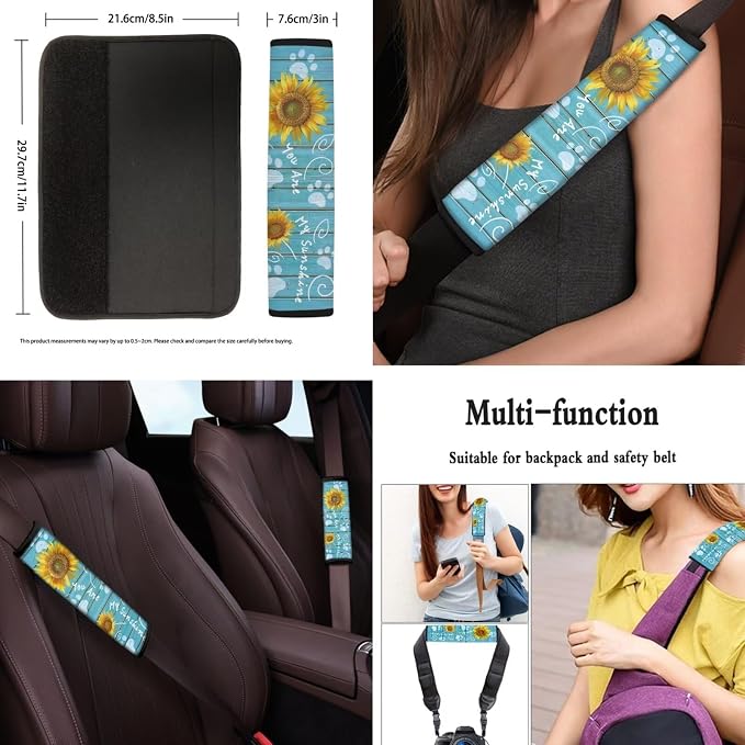 POLERO 11pcs Car Seat Covers Sunflower on Board Print Steering Wheel Cover Set 11pcs You are My Sunshine Seatbelt Pads with Dog Paws Car Coasters