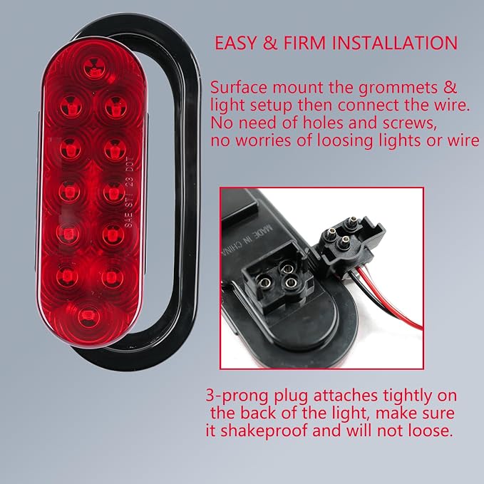 fouwick 2PCS 6 Inch Oval Red LED Trailer Tail Lights, IP65 Waterproof Surface Mount Stop Brake Turn Signal Lights for Truck RV Boat Marine Camper, DOT Compliant Rear Amber Trailer Lights