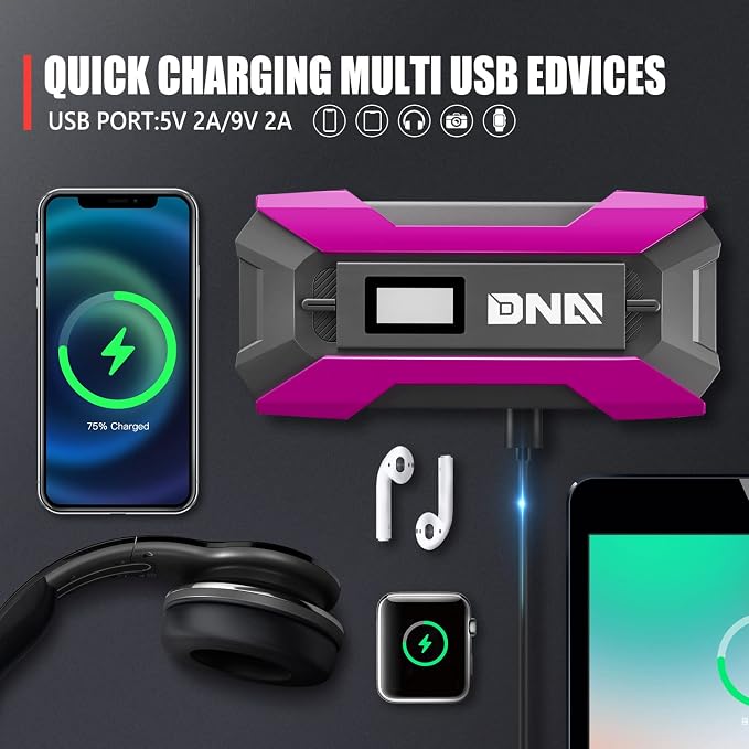 ‎DNA Motoring TOOLS-00268 12V 1500A 15000 mAh Multi-Function Portable Car Battery Jump Starter for Up to 7.0L Gas & 5.5L Diesel Engine, with Carry Case, Purple