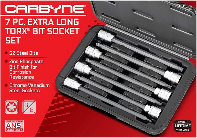 CARBYNE 7-Piece Torx Extra Long Bit Socket Set, T10 to T40, 3/8 in. Drive, S2 Steel Bits, CrV Sockets, Zinc Phosphate, 6.1 in. Length, Durable Case, Genuine Licensed Torx