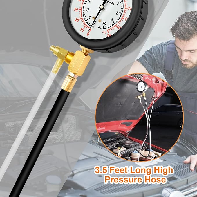 Pro Fuel Injection Pressure Tester Kit Gauge 0-140 PSI with 9.49,7.89,6.30 Fuel Line Fittings