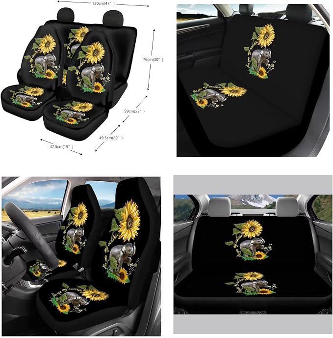 Suobstales Sunflower Car Accessories Elephant Seat Covers for Cars for Women Full Set with Steering Wheel Cover + Seat Belt Covers Shoulder Pads + Coasters + Keychains Interior Cover Set of 11