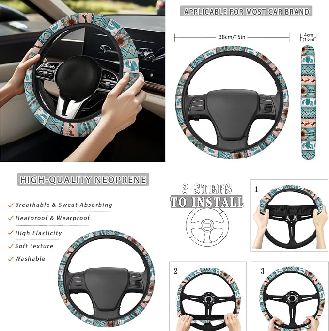 National Style Car Seat Covers Full Set Front Back Split Bench Protector Car Steering Wheel Cover Seatbelts Pads Coaster Keychains Universal Fit Truck, SUV, or Van Forest Hunting