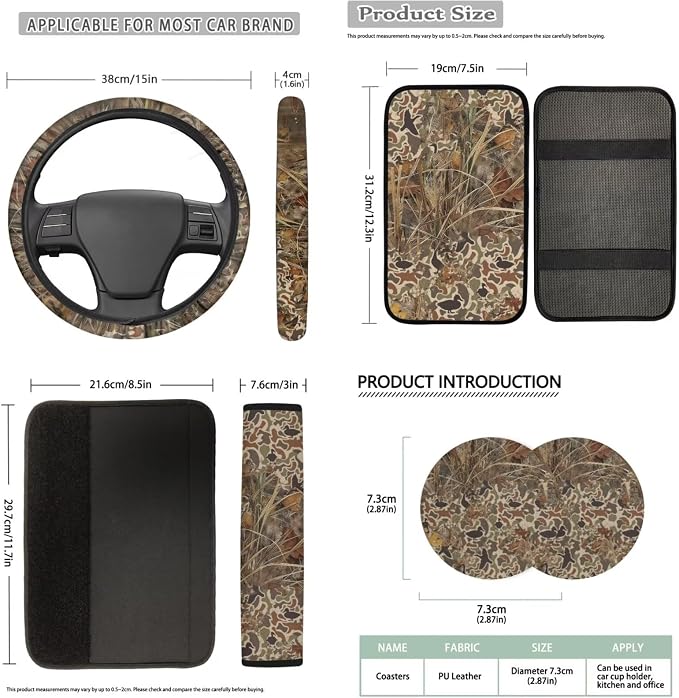 Bulopur Duck Hunting Camo Car Seat Covers Full Set with Matching Car Steering Wheel Cover Washable Armrest Cushion Pad Removable Seat Headrest Cover 14 Pack Auto Interior Decor Set