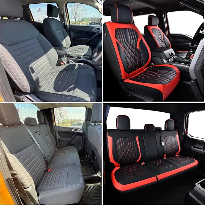 Ranger Seat Covers, for 2019-2023 Ford Ranger XLT XL Lariat Crew Cab, Napa Leather Seat Protector (Full Set, Black&Red)