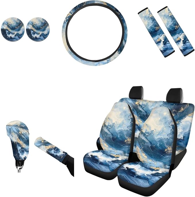AFPANQZ Blue Marble Car Seat Covers Full Set 13 Packs Steering Wheel Cover + Safety Seat Belt Pads + Car Cup Holder Coaster + Handrake Cover + Gear Shift Knob Cushion for Men Women