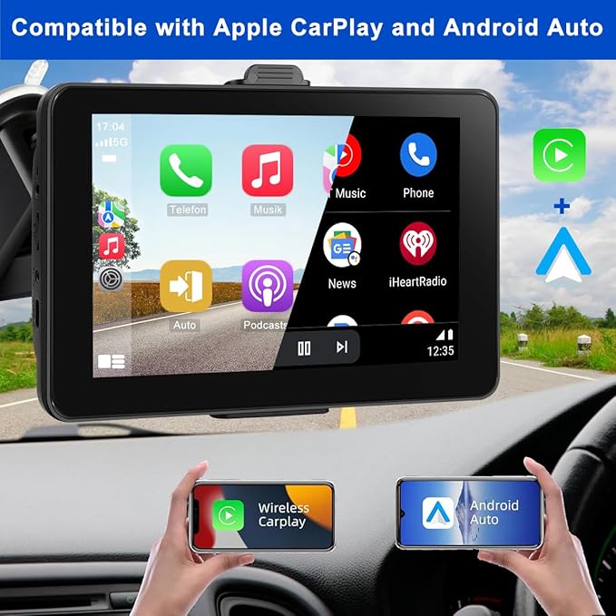 7-inch Portable Carplay Screen for Car Compatable with Apple CarPlay and Android Auto,Wireless Car Play Unit with GPS Navigation,Bluetooth,Mirror Link,Touch Screen for All Vehicles (7Inch)