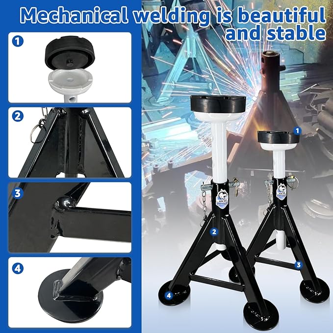 HKTE 4 Ton Jack Stands, Automotive Jack Stands with Flat Rubber Saddle & Security Locking Pins, Adjustable Vehicle Support for Cars SUVs Light Trucks, 2 Pack