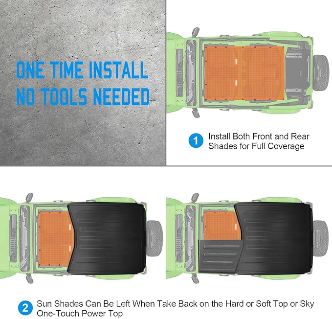JL Top Sun Shade Roof Compatible with Jeep Wrangler 2 or 4 Door 2018 to 2023 Sunshade Sunroof Cover Blocks UV Wind Noise Orange Mesh for Full Length