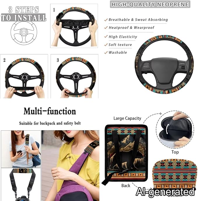 Dreaweet Mountain Bear Aztec Seat Covers for Cars Full Set 15 Pcs Universal Tribal Steering Wheel Cover Seat Belt Pads Car Coasters Trash Bag Air Vent Storage Pouch Rear View Mirror Cover Keychain