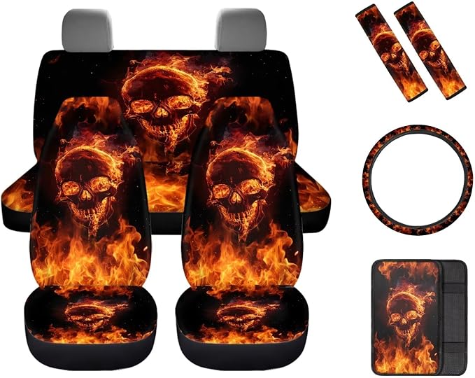 8 Pcs Flame Skull Print Car Interior Accessories, Car Seat Covers, Auto Steering Wheel Cover, Auto Center Console Pad, Seat Belt Pads, Universal Fit Cars SUVs Trucks