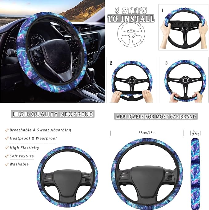 AFPANQZ Turtle Galaxy Flower Car Front Seat & Rear Bench Covers + Steering Wheel Cover 15" + Gear Shift Knob Cover + Car Handbrake Cover + Seat Belt Shoulder Pads + Car Coaster Set of 11