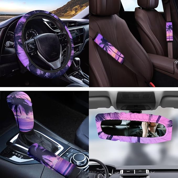 Palm Tree Sunset 11 Pieces Car Seat Covers Car Seat Belt Cover Steering Wheel Cover Gear Lever Cover Hand Brake Cover Keychain Holder Universal Fit for Most Cars,SUVs