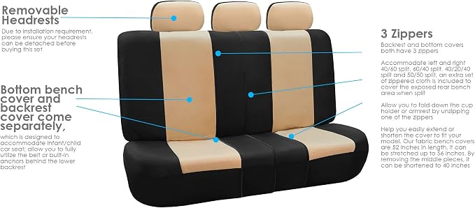 FH Group FB065115 + F11306 Classic Khaki Seat Covers (Beige) Full Set – Universal Fit for Cars Trucks & SUVs