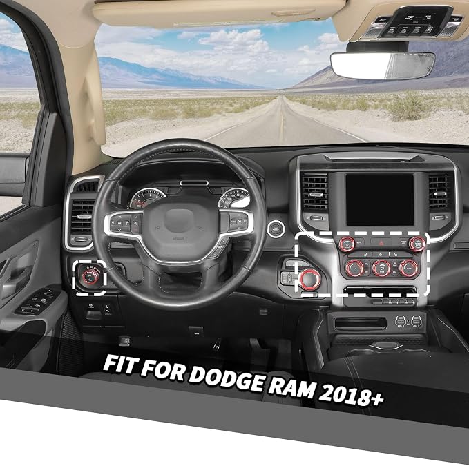 Jimen for Ram Center Console Knob Covers, 7PCS AC Air Conditioner Audio Volume Button & Headlight Switch & 4WD Shifter Knob Ring Trim Fit for Dodge Ram 2018-2025 (Red)
