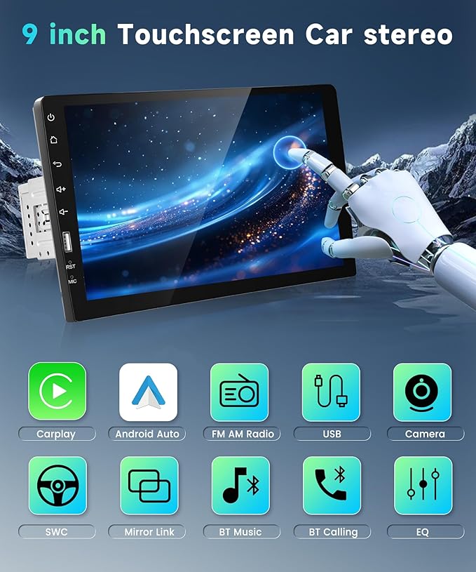Podofo Single Din Car Stereo with Carplay Android Auto,9inch 1024x600 HD IPS Touchscreen Bluetooth FM/AM Radio Mirror Link SWC,Car Audio Receivers,HD Backup Camera/External Mic/USB