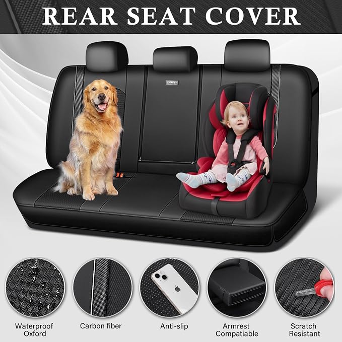 CAR PASS Faux Leather High Back Rear Seat Covers Only, Sporty Waterproof Anti-Slip Airbag Compatible Universal Fit for Most Sedans Trucks Vans SUVs, Rear Black
