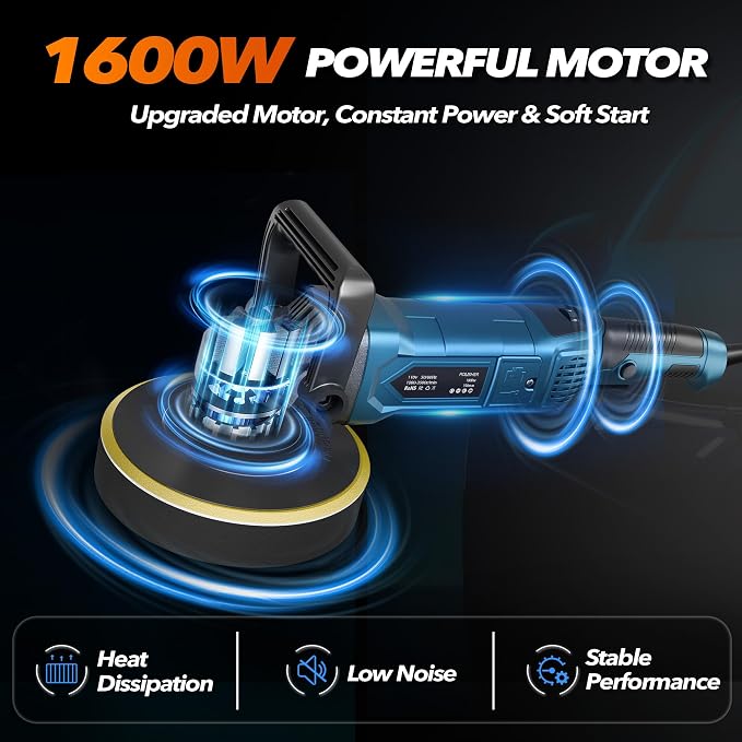 Buffer Polisher, 6 Inch/7 Inch 1600W Rotary Car Buffer Polisher Waxer, 7 Variable Speed 1000-3500 RPM, Detachable Handle for Waxing, Polishing & Scratch Removal