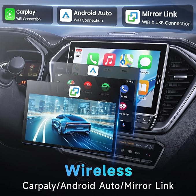 Single Din Car Stereo with Wireless Carplay Android Auto, 10.1-Inch Rotation Touch Screen with Bluetooth, FM AM RDS Radio, GPS, Mirror Link, SWC, EQ, Dual USB, AUX + Camera+MIC